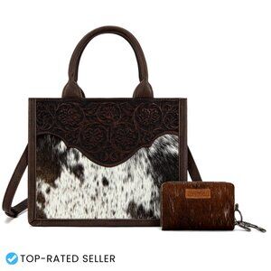Western Tote Bag Hair On Cowhide Floral Tooled Hobo Handbag Elegant